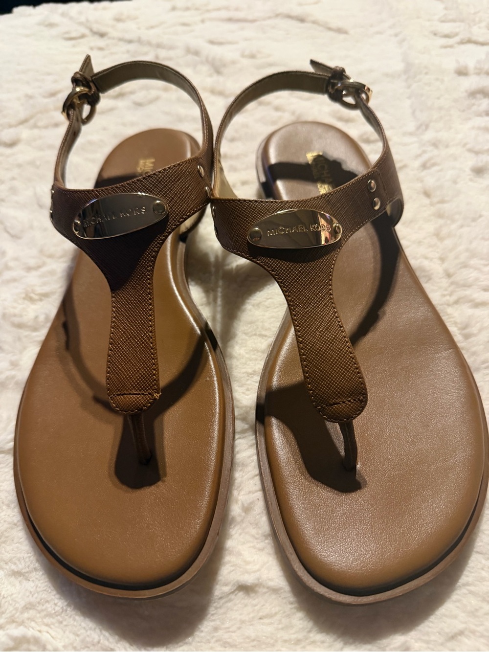 Michael Kors Brown T-Strap Logo Plaque Sandals